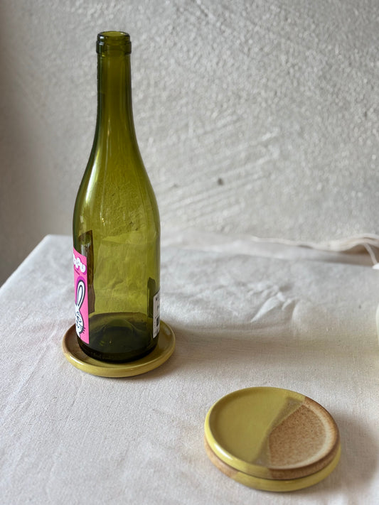 Wine Bottle Coaster - Yellow & Cork